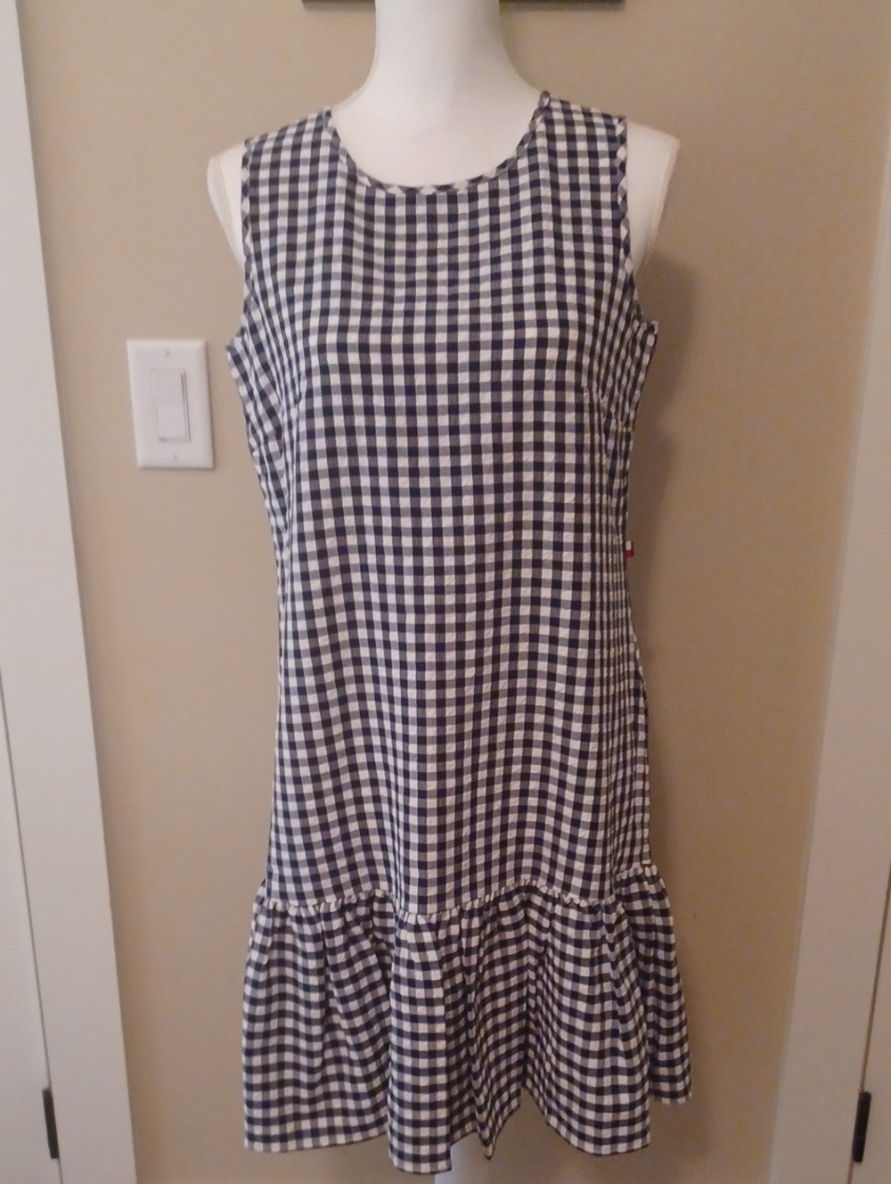 Tommy Hilfiger Navy and White Gingham Midi Dress with Ruffle Hem
